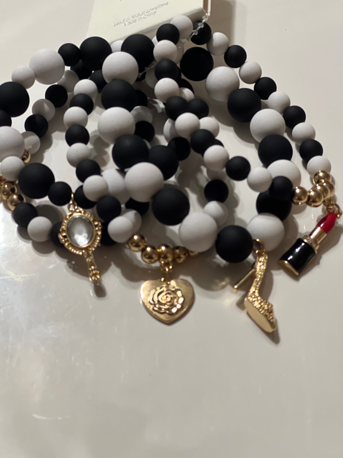 Black & White 5 Piece Stretch Charm Bracelet Set