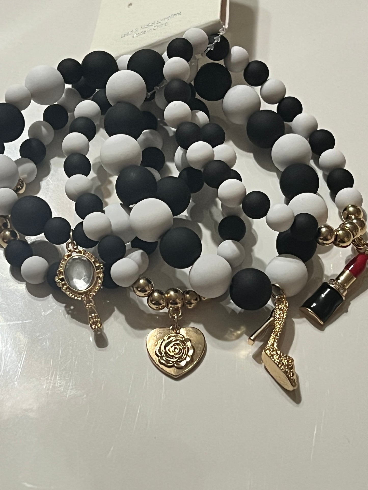 Black & White 5 Piece Stretch Charm Bracelet Set