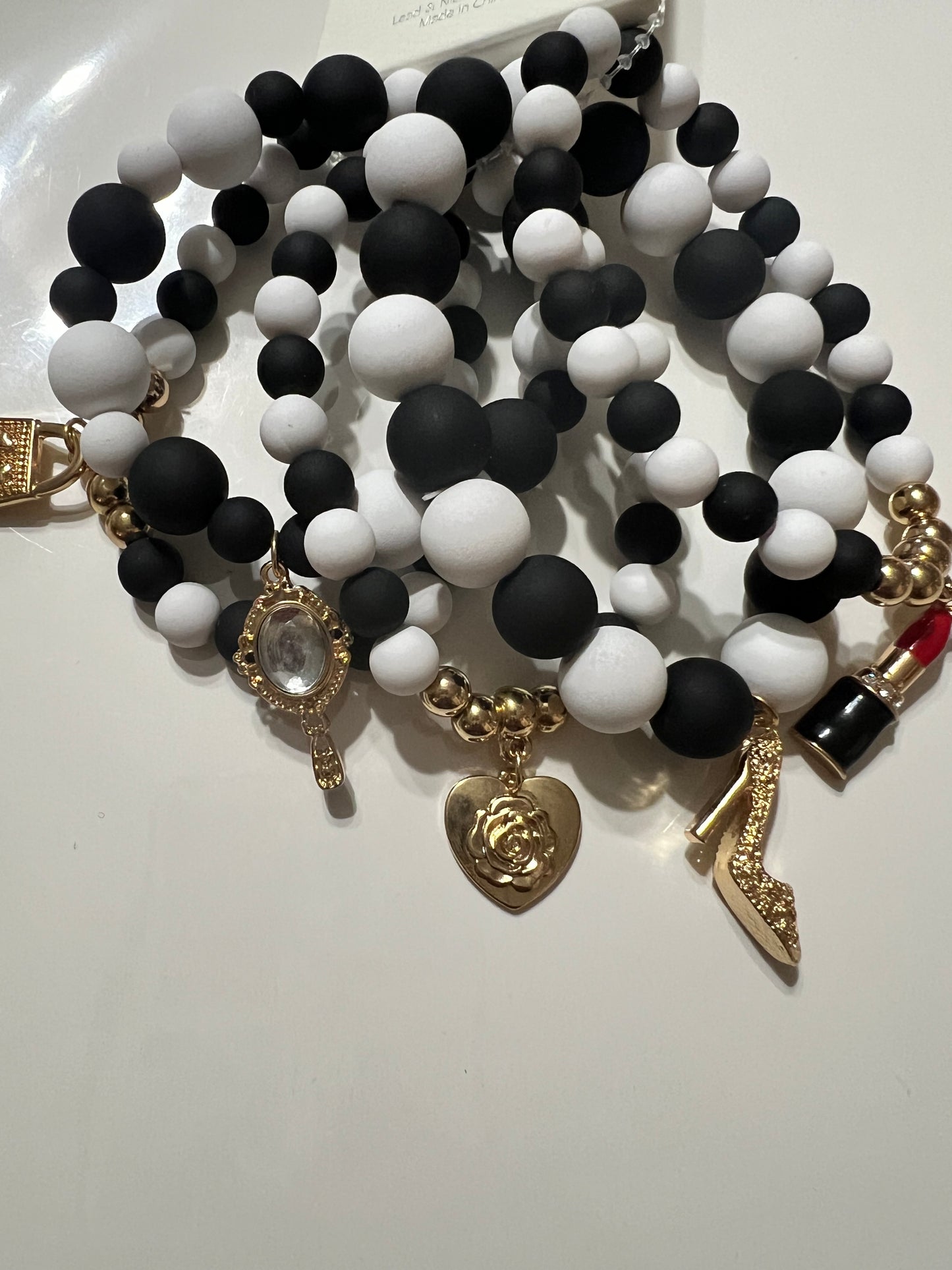 Black & White 5 Piece Stretch Charm Bracelet Set