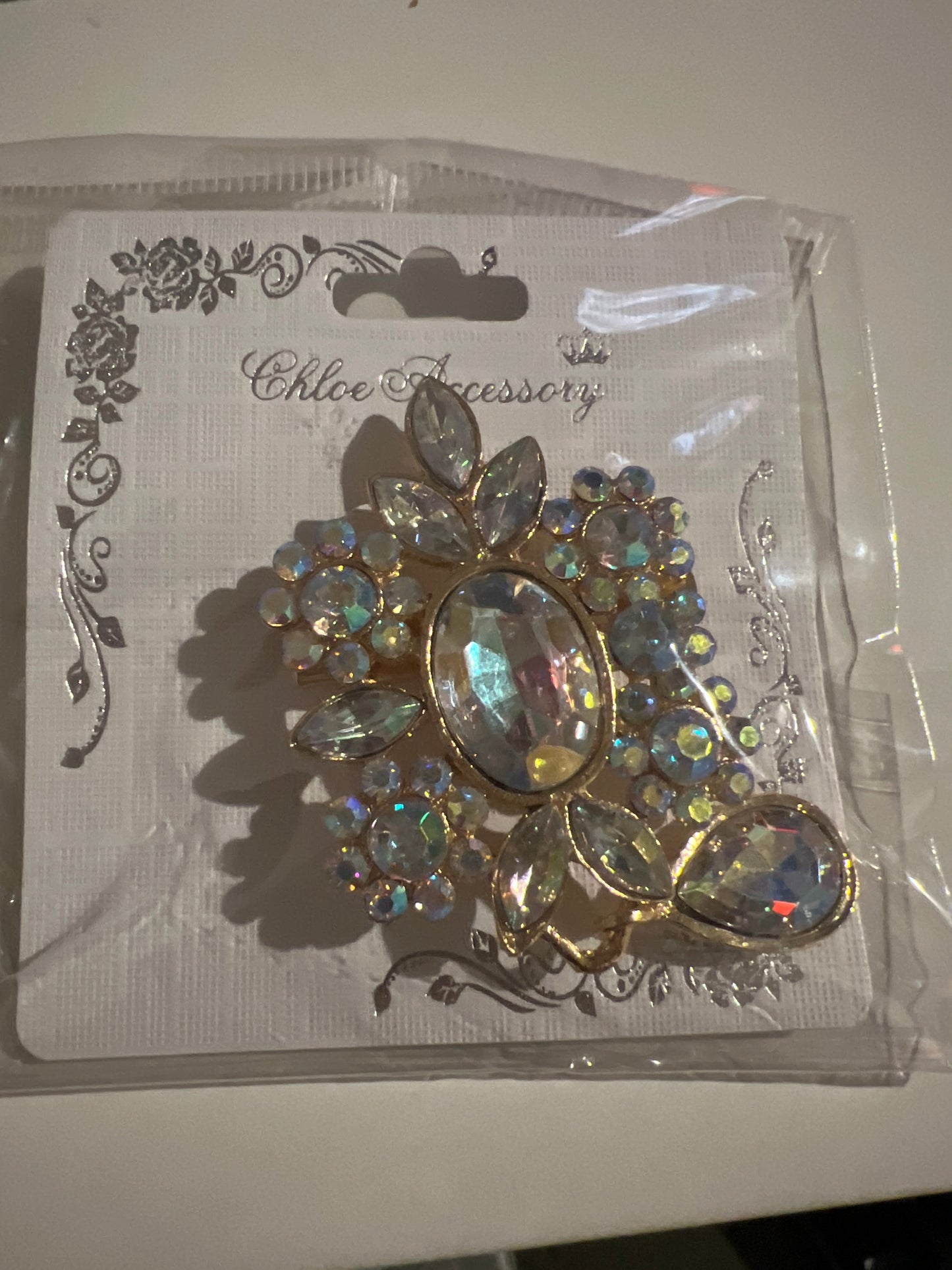 Clear & Gold Teardrop Brooch